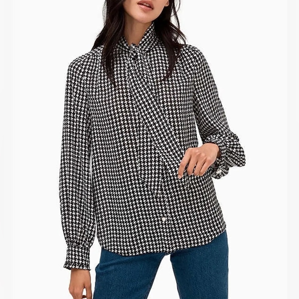 Kate Spade Dashing Beauty Houndstooth Tie-Neck Shirt Pearl Buttons - Size Small